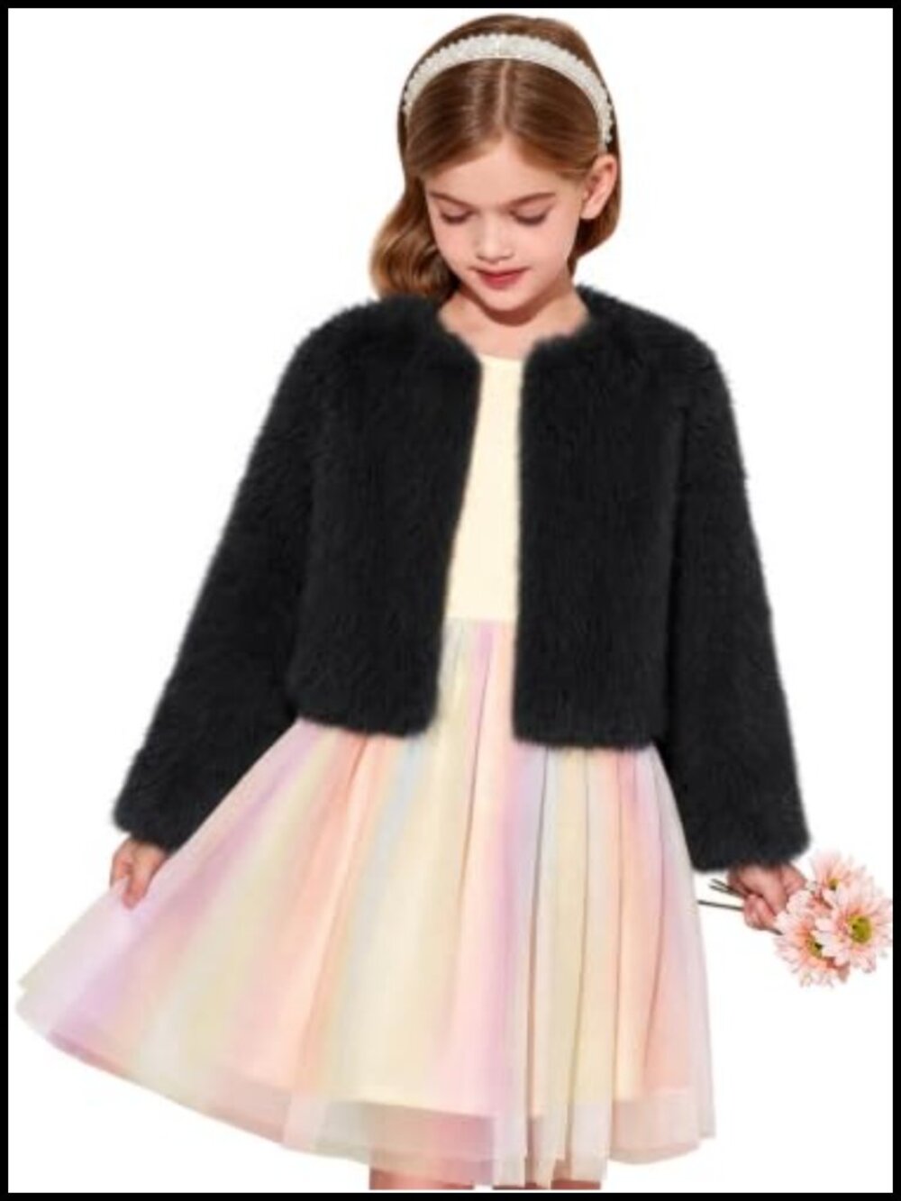 Girls Faux Fur Dress Coat Fluffy Open Front Long Sleeve Jacket